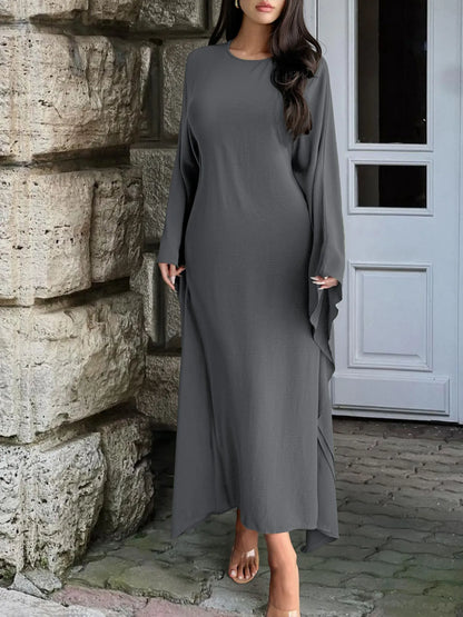 Round Neck Maxi Dress with Flowing Cape Sleeves