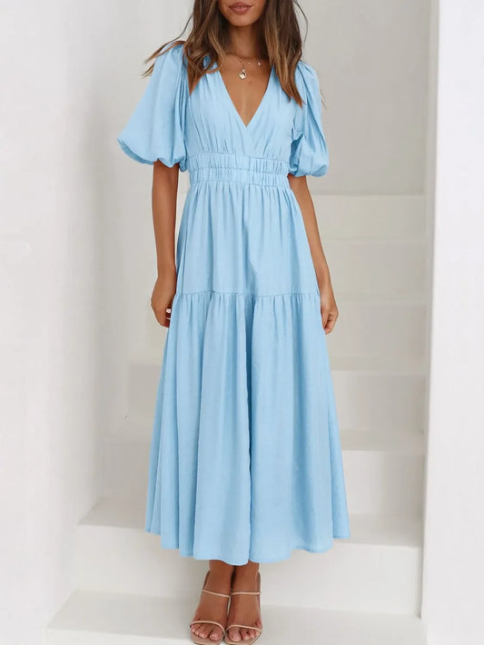 V-Neck Puff Sleeve Midi Dress