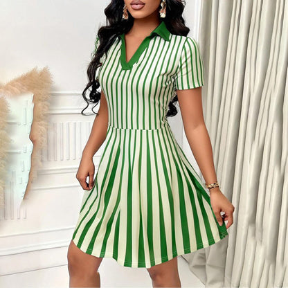 Women's Elegant Striped V-neck Short Sleeve A-line Short Dress