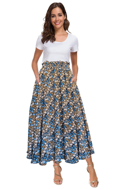 Afibi Women High Waist Floral Print Swing Chiffon Beach Midi Long Skirt with Pockets