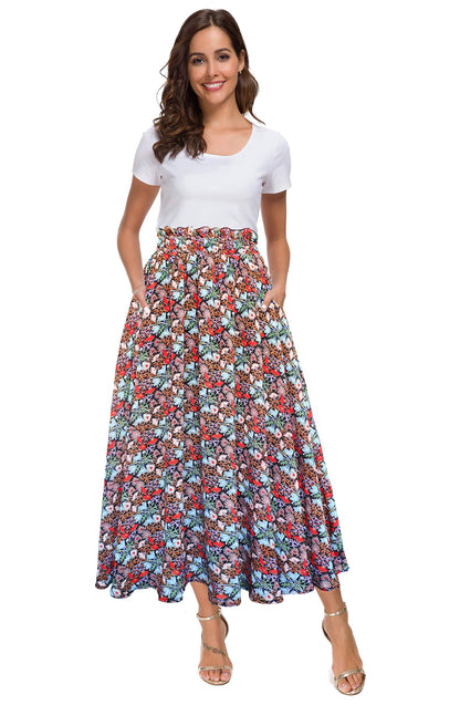Afibi Women High Waist Floral Print Swing Chiffon Beach Midi Long Skirt with Pockets