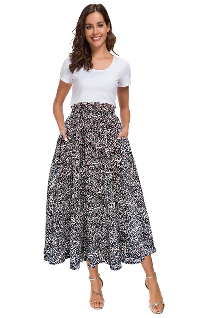 Afibi Women High Waist Floral Print Swing Chiffon Beach Midi Long Skirt with Pockets