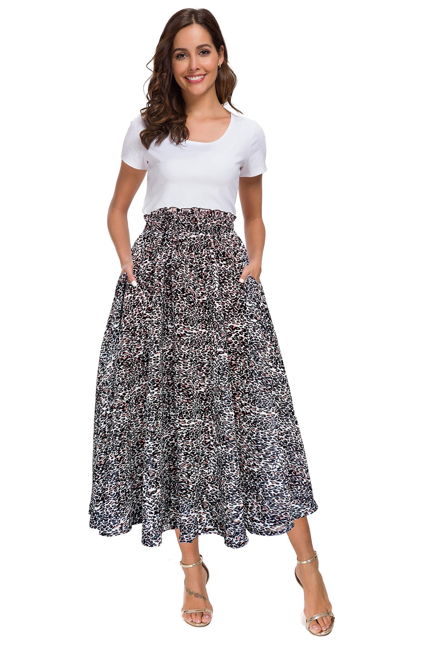 Afibi Women High Waist Floral Print Swing Chiffon Beach Midi Long Skirt with Pockets