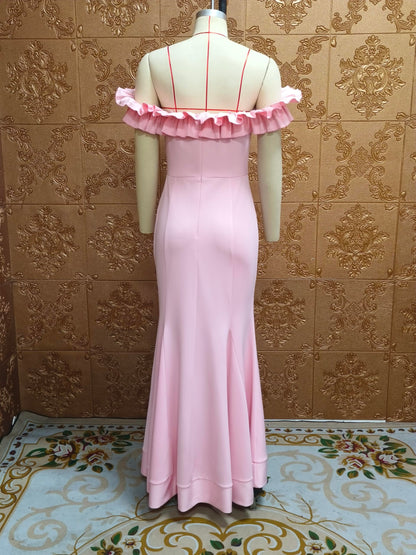 Cololura Sexy Floor-Length Off Shoulder Ruffles Stringy Selvedge Mermaid Bodycon Party Evening Maxi Dress