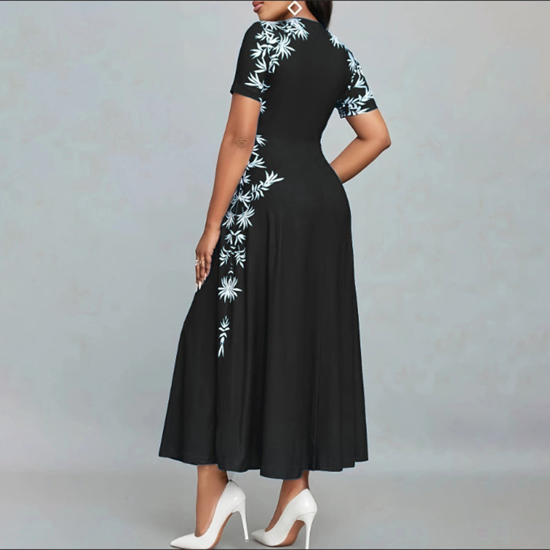 Women's Elegant Empire Waist Short Sleeve Printed Sides Maxi Dress