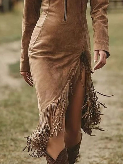 Fringe Hem Zip Front Bodycon Dress