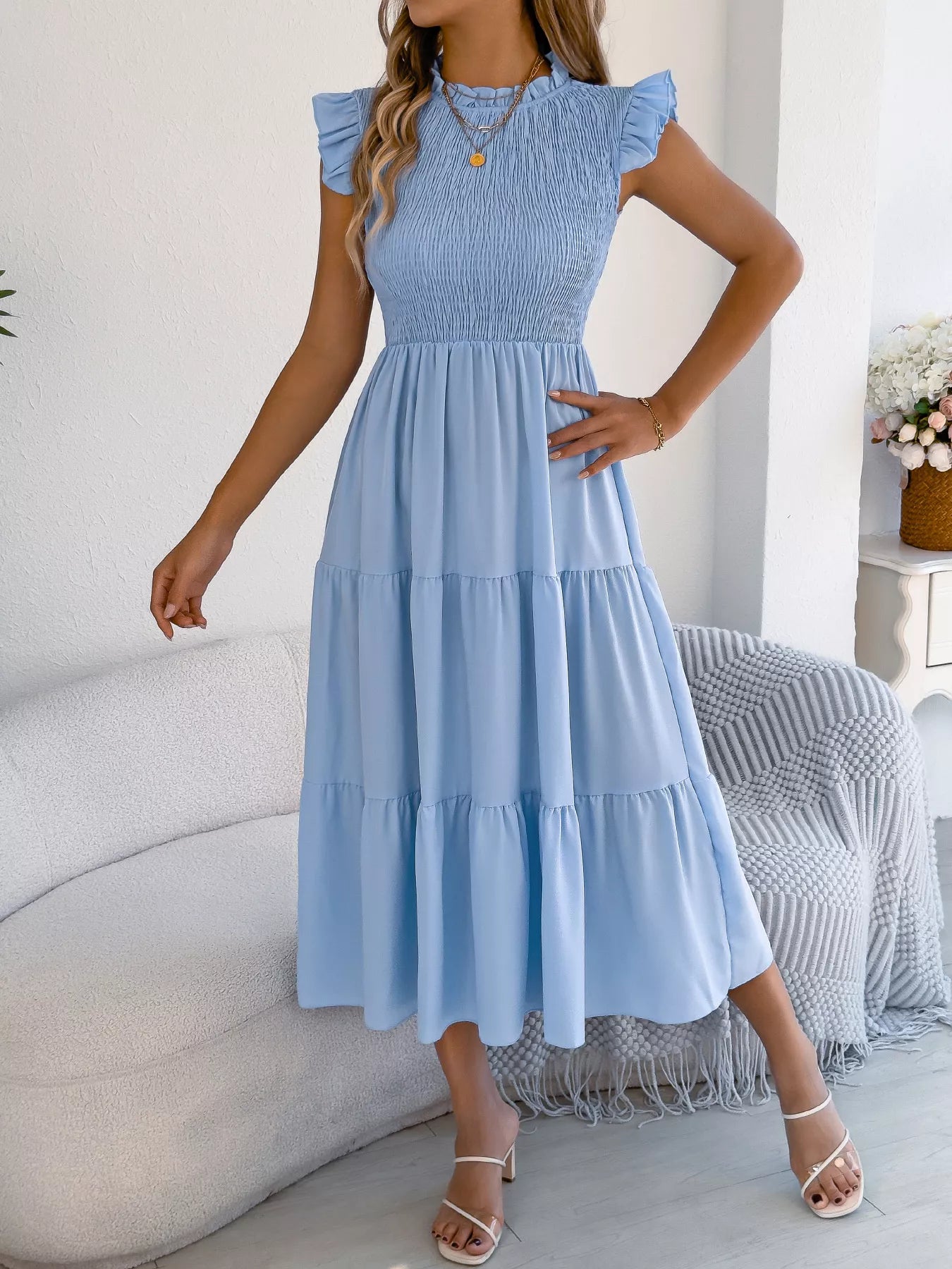 Women's Smocked Ruffle Midi Dress – Casual A-Line Cap Sleeve