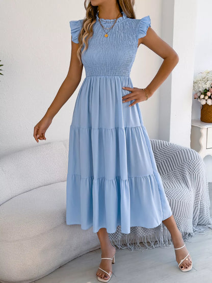 Women's Smocked Ruffle Midi Dress – Casual A-Line Cap Sleeve