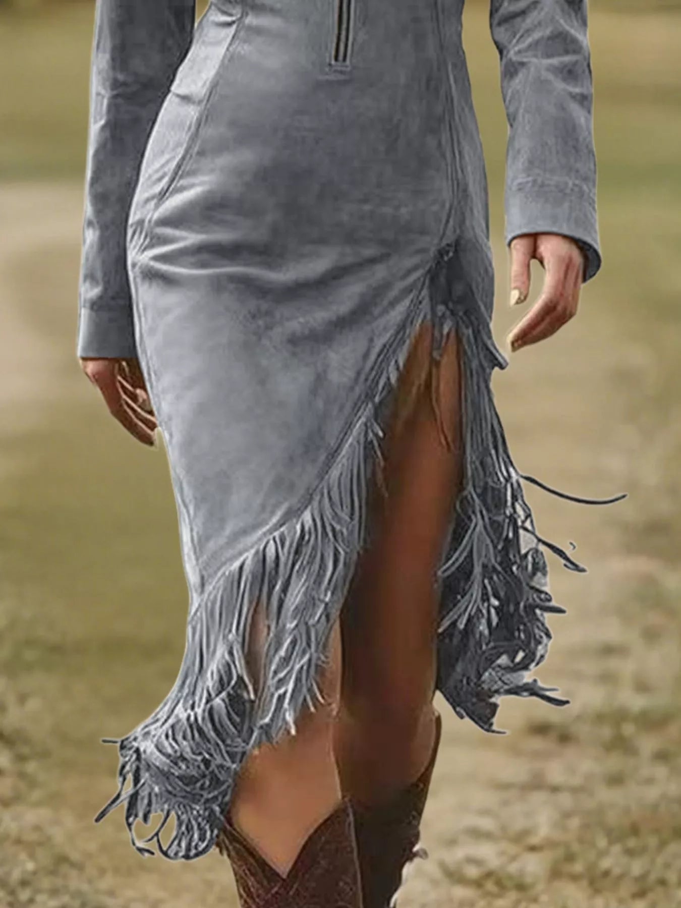 Fringe Hem Zip Front Bodycon Dress
