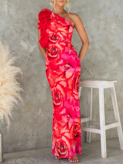 Floral Print One-Shoulder Maxi Dress