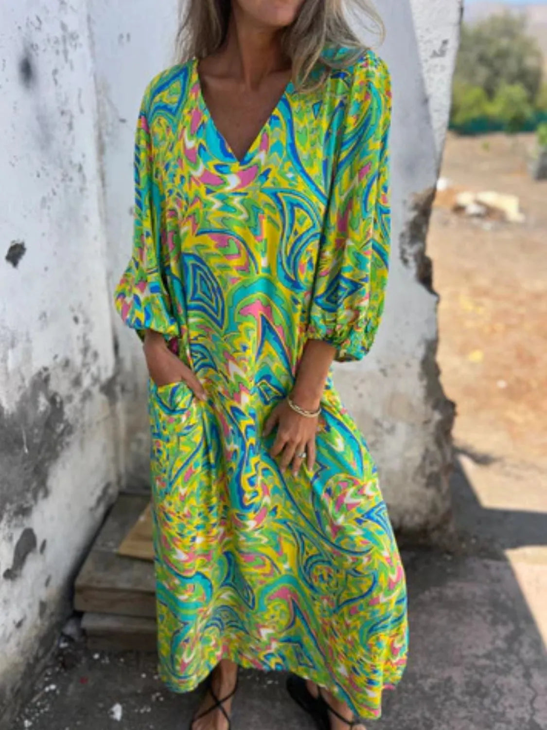 Printed V-Neck Dress with Pockets