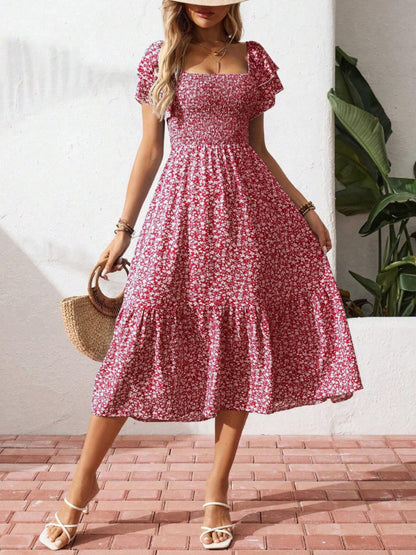 Floral Print Smocked Ruffle Sleeves Dress