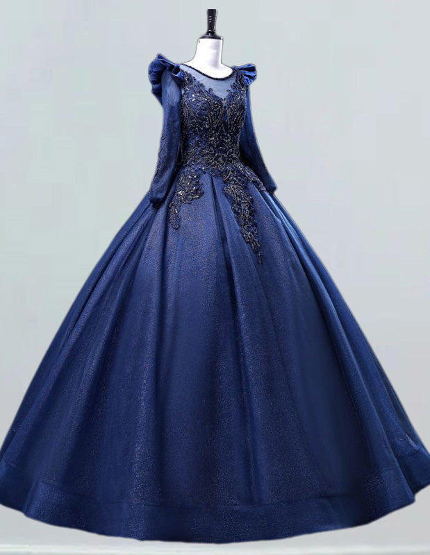 Navy Lace Applique Tulle Evening Gown | Scoop Neck Prom & Bridesmaid Dress
