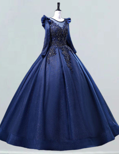 Navy Lace Applique Tulle Evening Gown | Scoop Neck Prom & Bridesmaid Dress