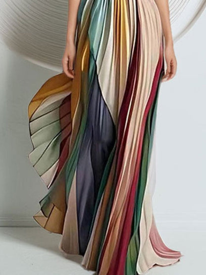 Striped Pleated Strapless Maxi Dress – Formal Sheath