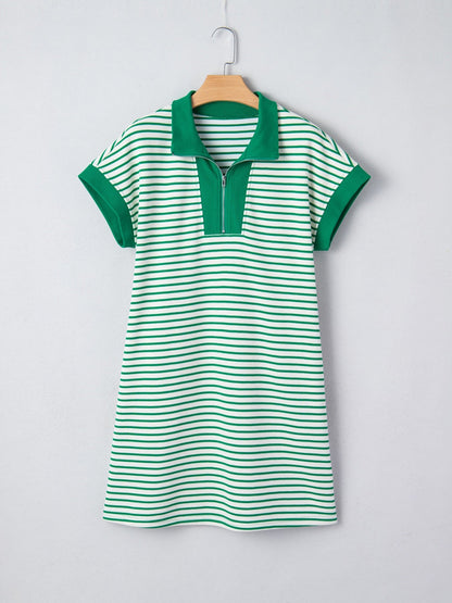 Stripe Quarter Zip Polo Collar T Shirt Dress with Pockets