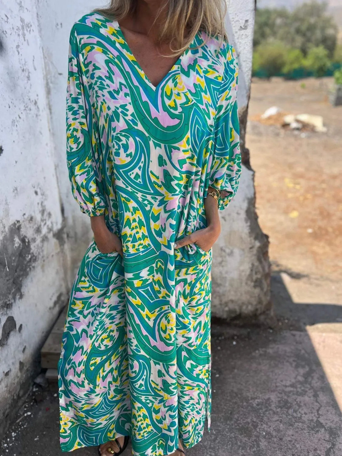 Printed V-Neck Dress with Pockets