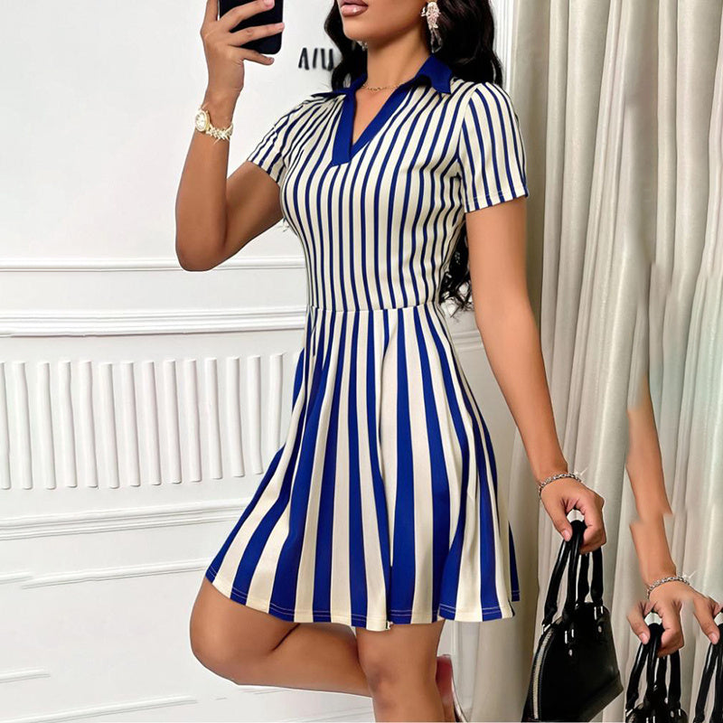 Women's Elegant Striped V-neck Short Sleeve A-line Short Dress
