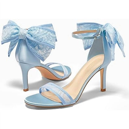 Women's Lace Bow 3.5" Heels Open Toe Ankle Strap Shoes