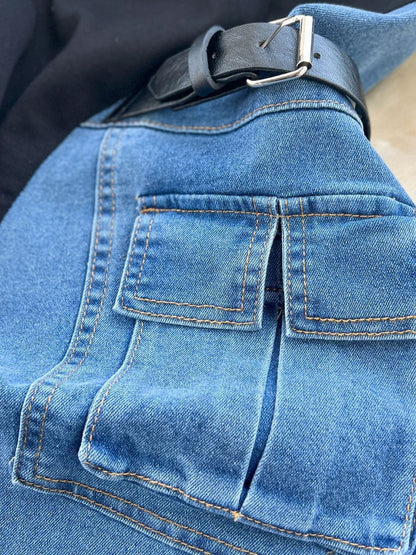 Color-Block Patchwork Denim Short-Sleeve Midi Dress