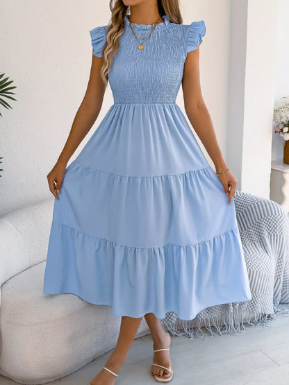 Women's Smocked Ruffle Midi Dress – Casual A-Line Cap Sleeve