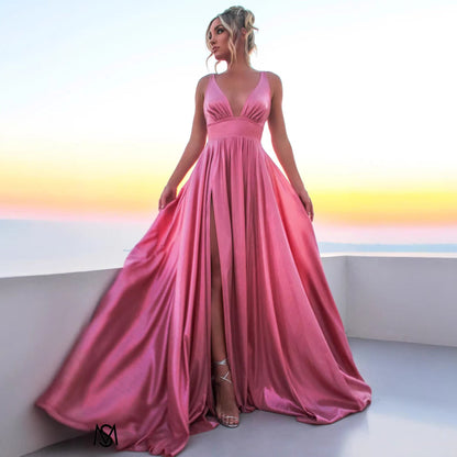 Draped-shoulder Long Dress Sleeveless High-waisted Split Dress (see size chart under more details)