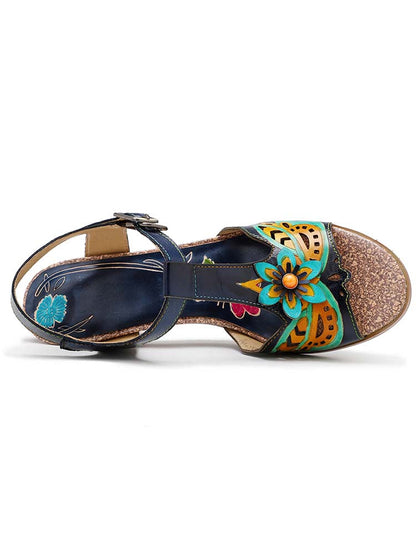 Retro Handmade Colored Stripe Heel Comfy Sandals