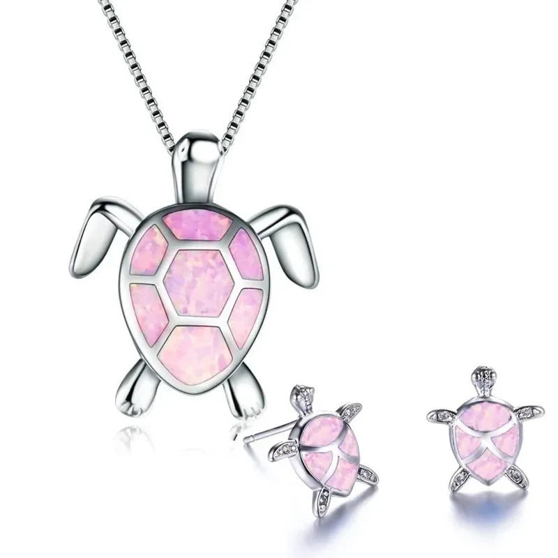 Classic Cute Sea Turtle Necklace Earrings Trendy Animal Fire Opal Stud Earring For Women Boho Summer Beach Set  Custom Jewelry