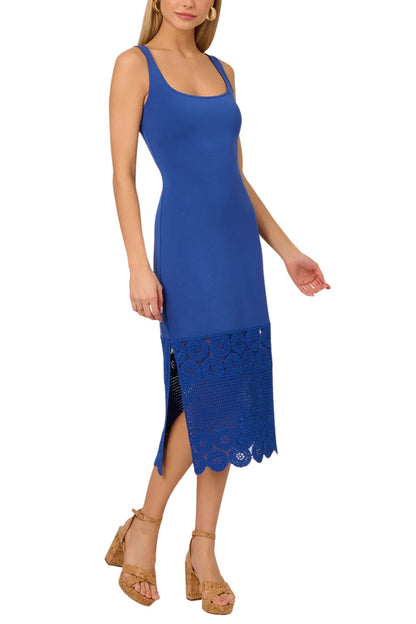 Adrianna Papell Scoop Neckline Sleeveless Tank Straps Fitted Bodice Crochet Trimmed Sheath Dress