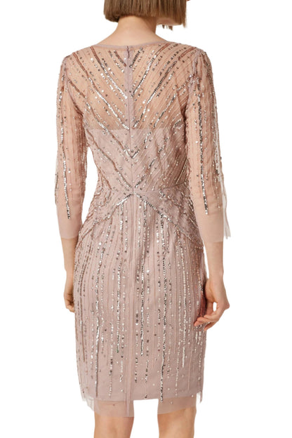 Adrianna Papell V-Neck 3/4 Sleeves Sequined Lace Trim Zipper Back Mesh Dress