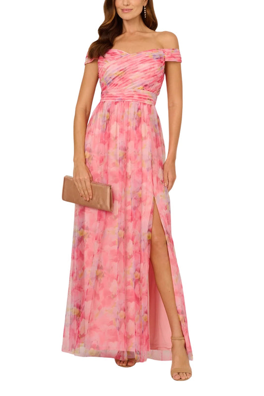 Adrianna Papell Floral Print Tulle Off-The-Shoulder A-Line Dress