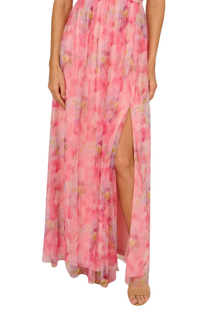 Adrianna Papell Floral Print Tulle Off-The-Shoulder A-Line Dress
