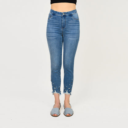 Pearl Beaded Distressed Hem Capris