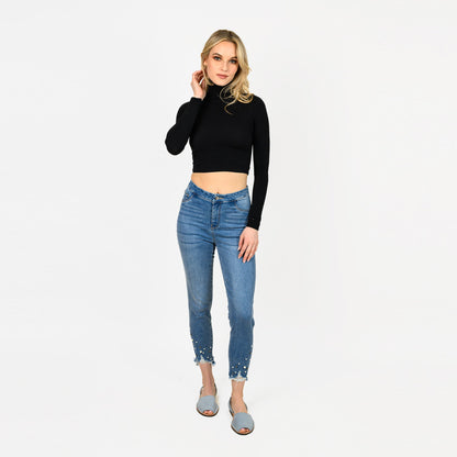 Pearl Beaded Distressed Hem Capris