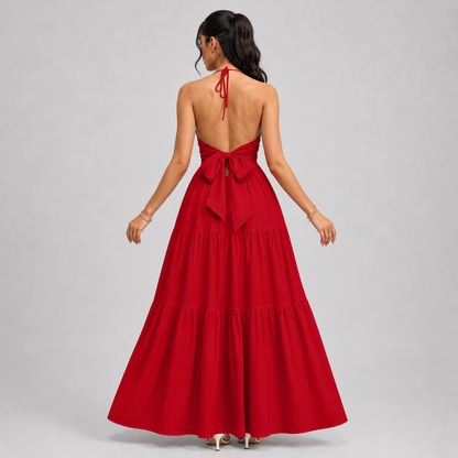 Backless Halter Neck Maxi Dress - Deep V-Neck Tiered Boho Sundress for Beach Vacation