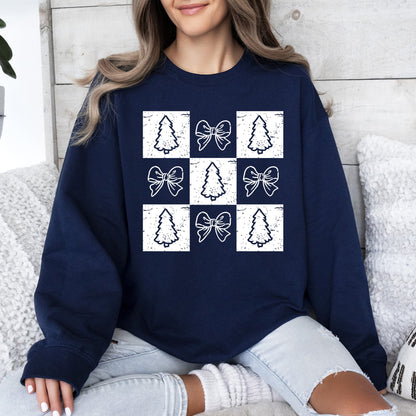 Christmas Geese Retro Cozy Winter Checkered Bows Tree Pattern Vintage Sweatshirt