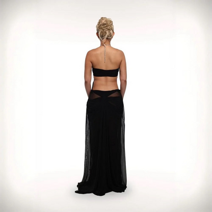Coral Cascade Sheer Draped Black Maxi Dress With Crystal Detail