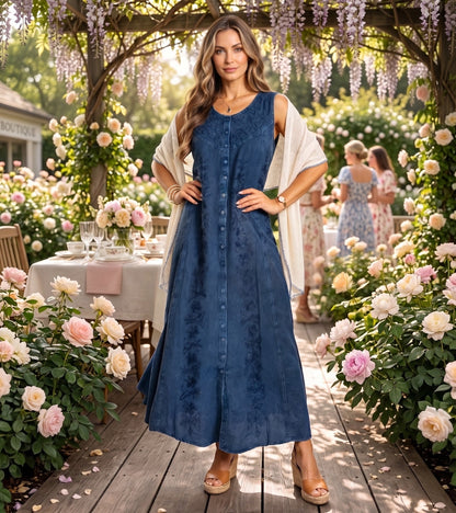 Sakkas Maya Floral Embroidered Sleeveless Button Up Rayon Dress
