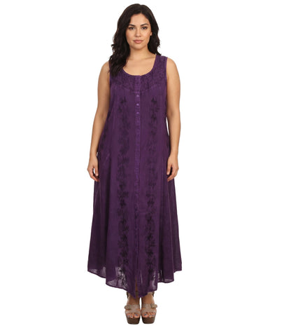 Sakkas Maya Floral Embroidered Sleeveless Button Up Rayon Dress