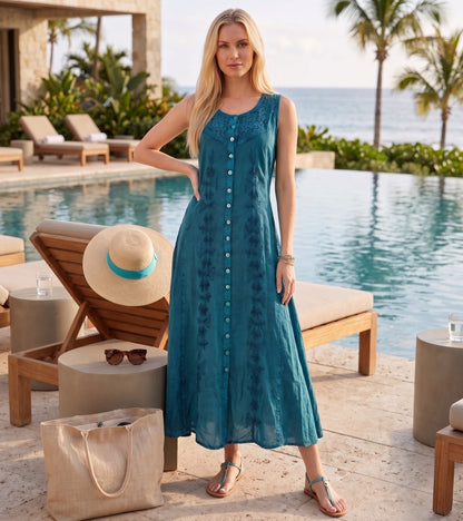 Sakkas Maya Floral Embroidered Sleeveless Button Up Rayon Dress