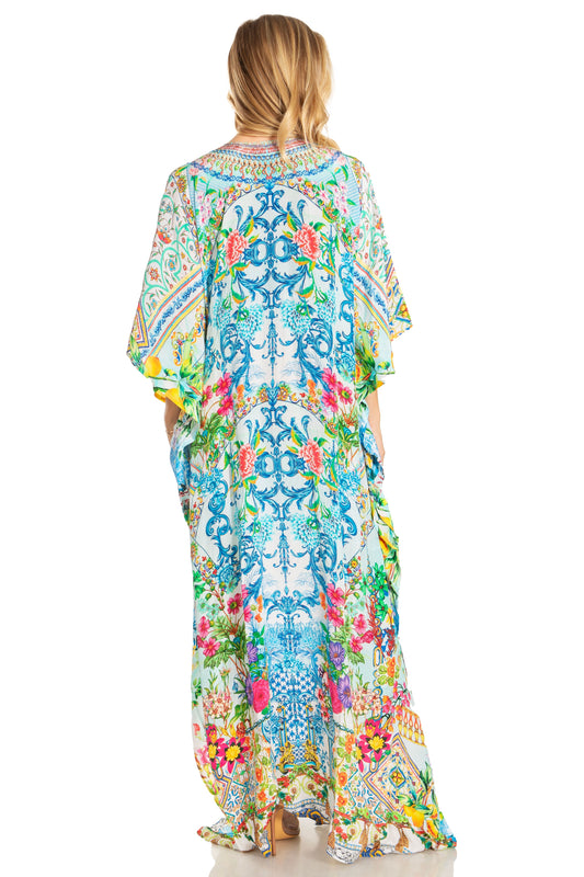 Sakkas Georgettina 2025 Flowy Rhinestone V Neck Long Caftan Dress / Cover Up