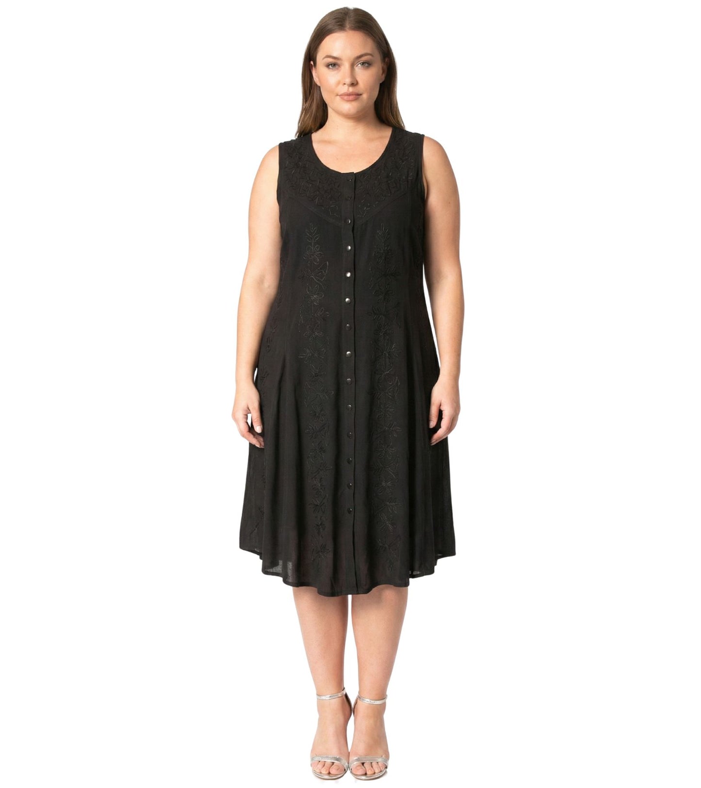Sakkas Maya Midi Floral Embroidered Sleeveless Button Up Rayon Dress