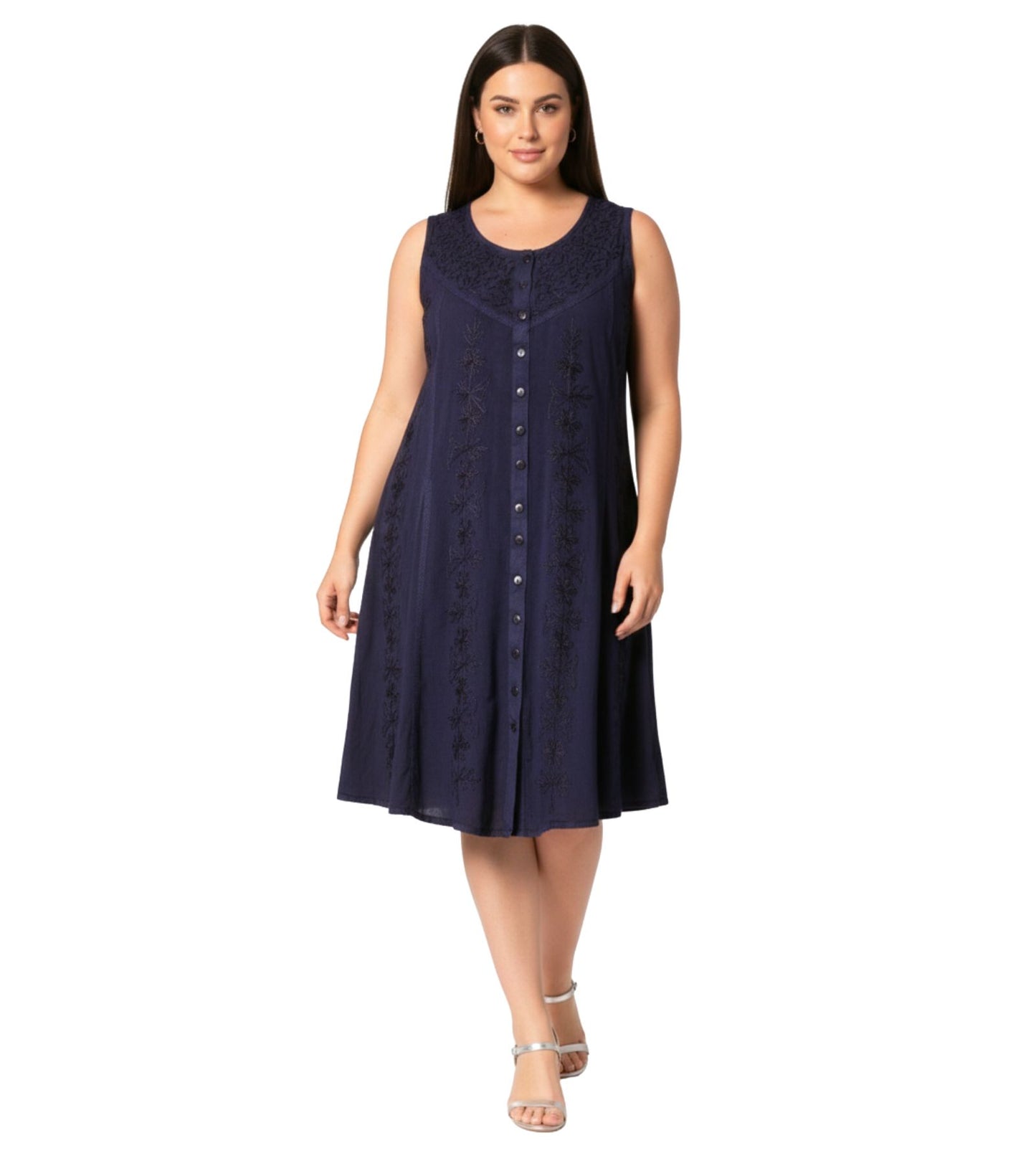 Sakkas Maya Midi Floral Embroidered Sleeveless Button Up Rayon Dress