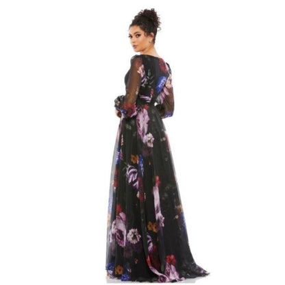Mac Duggal 67872
Black Chiffon Bishop Sleeve
Floral Print Gown Dress $598