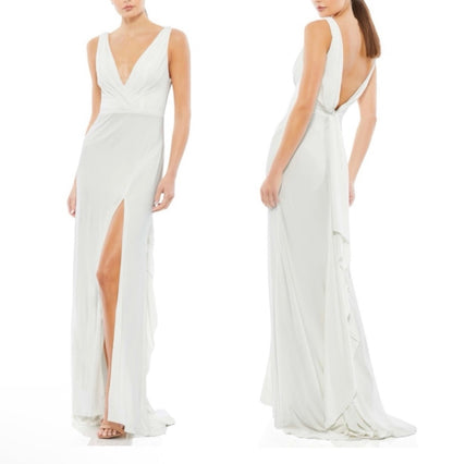 Mac Duggal 12336 Faux Wrap V-Neck Slit Jersey Gown White Sz 4 $298