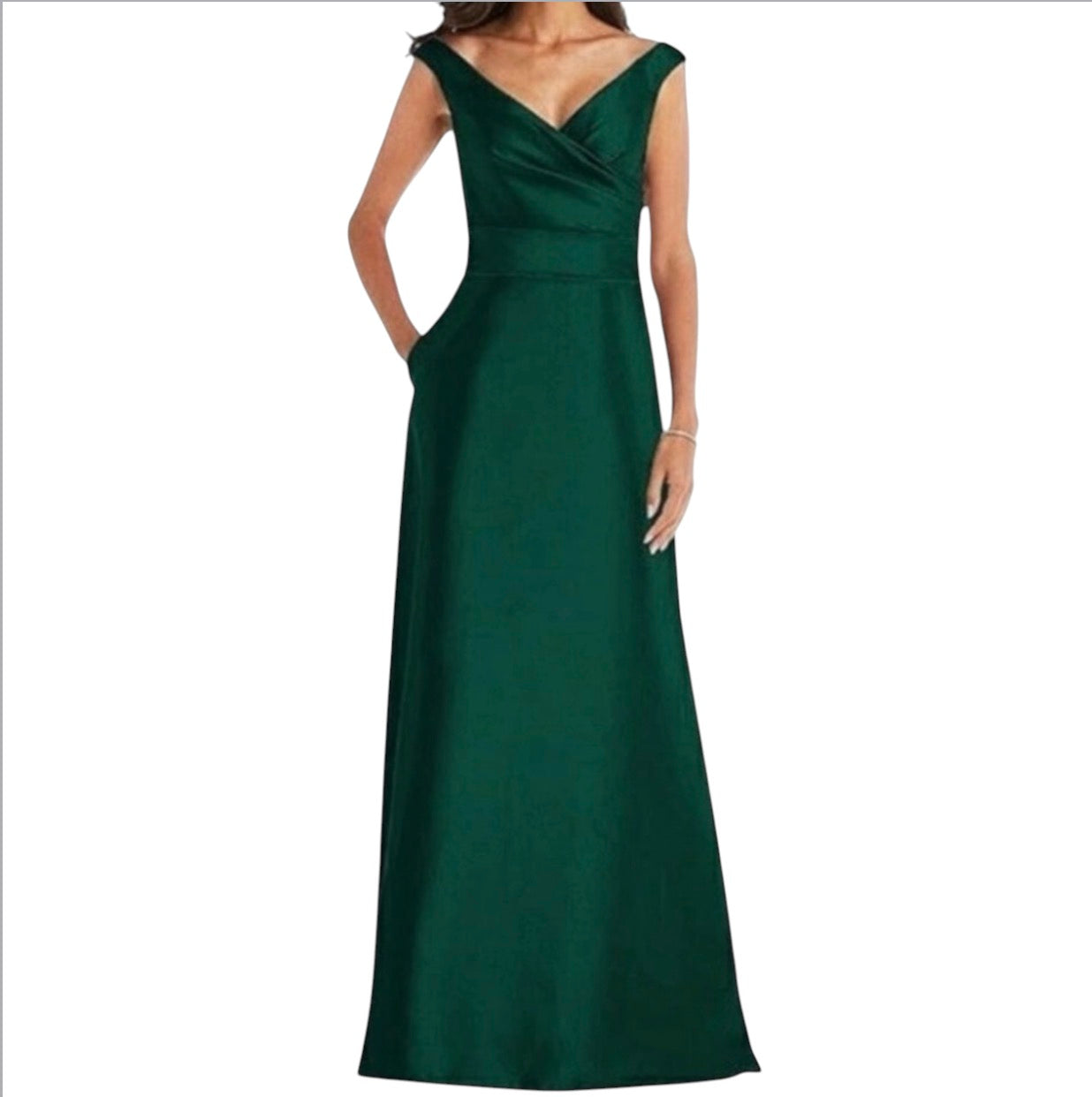 Alfred Sung D811S Hunter Green Off Shoulder Draped Wrap Satin Maxi Dress 4