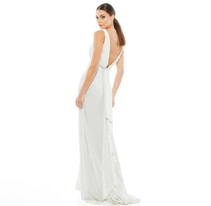 Mac Duggal 12336 Faux Wrap V-Neck Slit Jersey Gown White Sz 4 $298