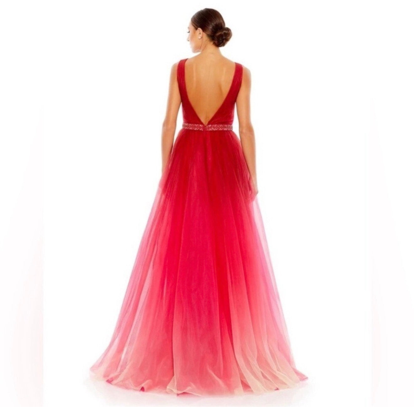 Mac Duggal #20378 Beaded Belt Wrap Over Sleeveless Ballgown
Red Ombré Sz 4