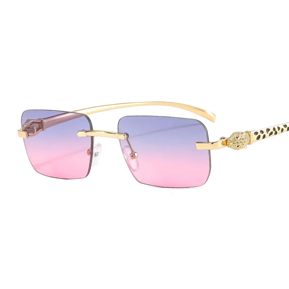 Vintage Fashion Rimless Small Square Sunglasses Women Men Luxury Brand Designer Travel Driving Metal Leopard Head Sun Glasses