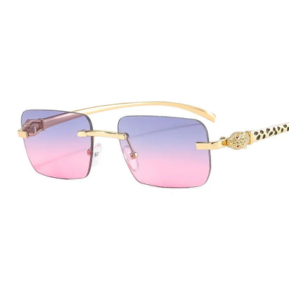 Vintage Fashion Rimless Small Square Sunglasses Women Men Luxury Brand Designer Travel Driving Metal Leopard Head Sun Glasses
